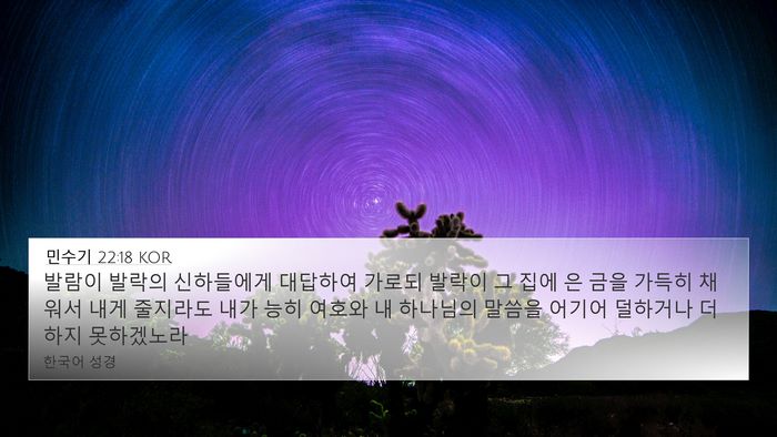 민수기 22:18 KOR 4K Wallpaper - 발람이 발락의 신하들에게 대답하여 - 4K Wallpaper Bible Verse
