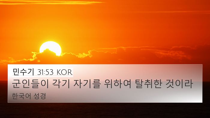 민수기 31:53 KOR 4K Wallpaper - 군인들이 각기 자기를 위하여 탈취한 - 4K Wallpaper Bible Verse