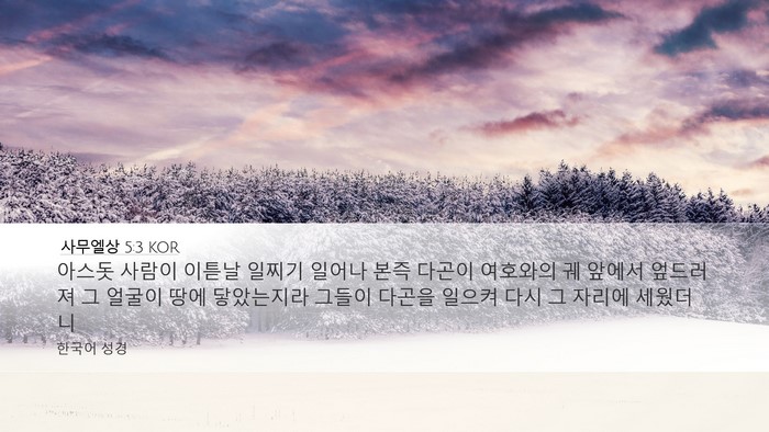 사무엘상 5:3 KOR Desktop Wallpaper - 아스돗 사람이 이튿날 일찌기 일어나 - Desktop Bible Verse Wallpaper