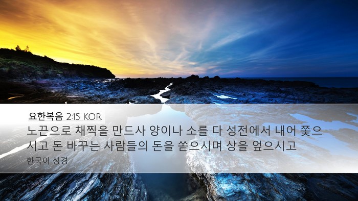 요한복음 2:15 KOR Desktop Wallpaper - 노끈으로 채찍을 만드사 양이나 소를 - Desktop Bible Verse Wallpaper