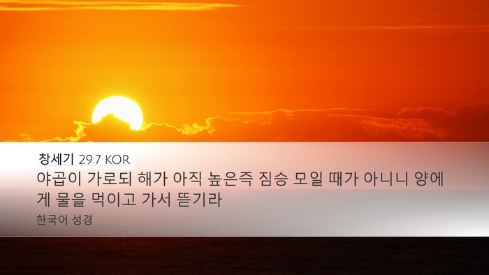 창세기 29:7 KOR Desktop Wallpaper - 야곱이 가로되 해가 아직 높은즉 - Desktop Bible Verse Wallpaper