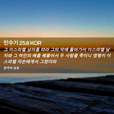 Picture 02 - 민수기 25:8 KOR - 그 이스라엘 남자를 따라 그의 막에 - Bible Verse Picture
