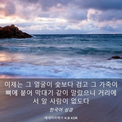 Picture 03 - 예레미야애가 4:8 KOR - 이제는 그 얼굴이 숯보다 검고 그 - Bible Verse Picture