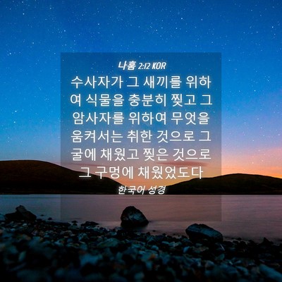 Picture 04 - 나훔 2:12 KOR - 수사자가 그 새끼를 위하여 식물을 - Bible Verse Picture