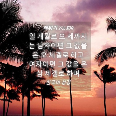 Picture 04 - 레위기 27:6 KOR - 일 개월로 오 세까지는 남자이면 그 - Bible Verse Picture