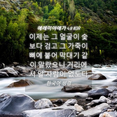 Picture 04 - 예레미야애가 4:8 KOR - 이제는 그 얼굴이 숯보다 검고 그 - Bible Verse Picture