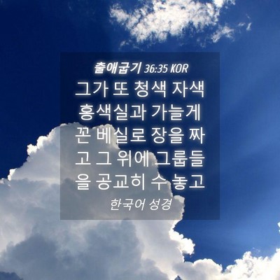 Picture 04 - 출애굽기 36:35 KOR - 그가 또 청색 자색 홍색실과 가늘게 - Bible Verse Picture