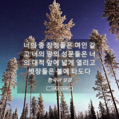 Picture 05 - 나훔 3:13 KOR - 너의 중 장정들은 여인 같고 너의 - Bible Verse Picture