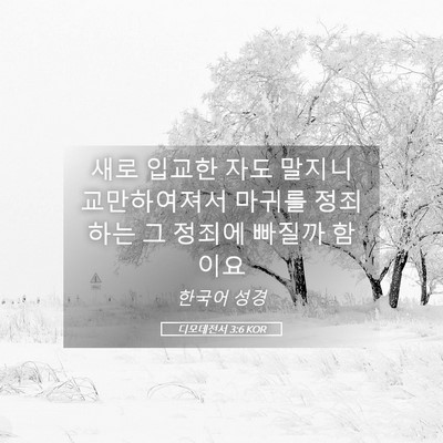 Picture 05 - 디모데전서 3:6 KOR - 새로 입교한 자도 말지니 - Bible Verse Picture