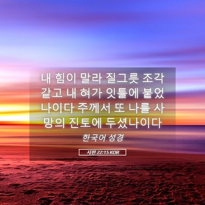 Picture 05 - 시편 22:15 KOR - 내 힘이 말라 질그릇 조각 같고 내 - Bible Verse Picture