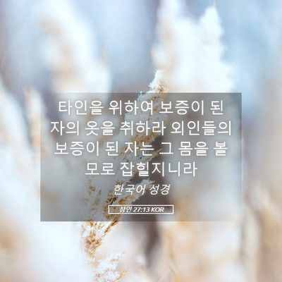 Picture 05 - 잠언 27:13 KOR - 타인을 위하여 보증이 된 자의 옷을 - Bible Verse Picture