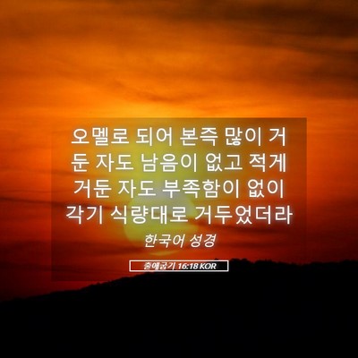Picture 05 - 출애굽기 16:18 KOR - 오멜로 되어 본즉 많이 거둔 자도 - Bible Verse Picture