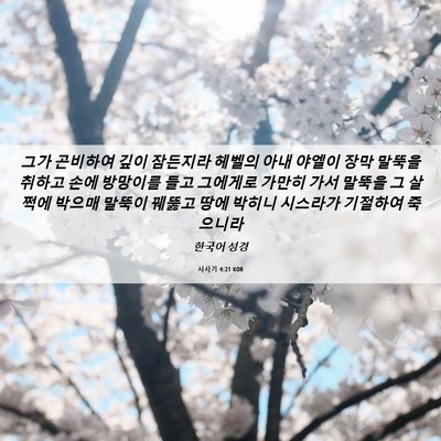 Picture 06 - 사사기 4:21 KOR - 그가 곤비하여 깊이 잠든지라 헤벨의 - Bible Verse Picture
