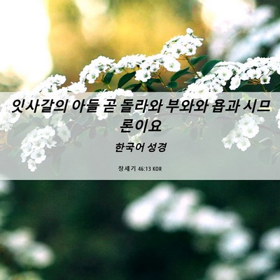 Picture 06 - 창세기 46:13 KOR - 잇사갈의 아들 곧 돌라와 부와와 - Bible Verse Picture